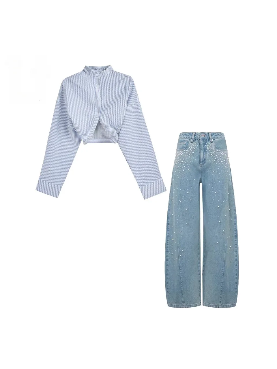 

Faionable Striped Sexy Waist Exposure irt Long Sve Versatile Old Jeans Women's Spring Clothing Set 2026 Trendy Sle