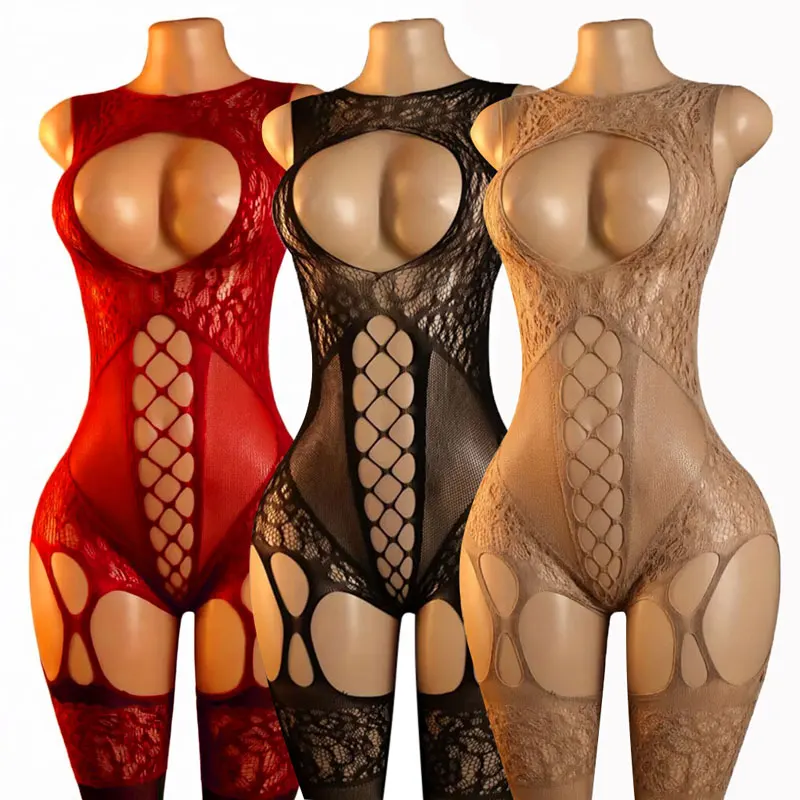 Nuevo Body de Lencería Sexy de Talla Grande con Sujetador Abierto, Malla y Medias, Estilo Catsuit, Blanco para Noche de Bodas