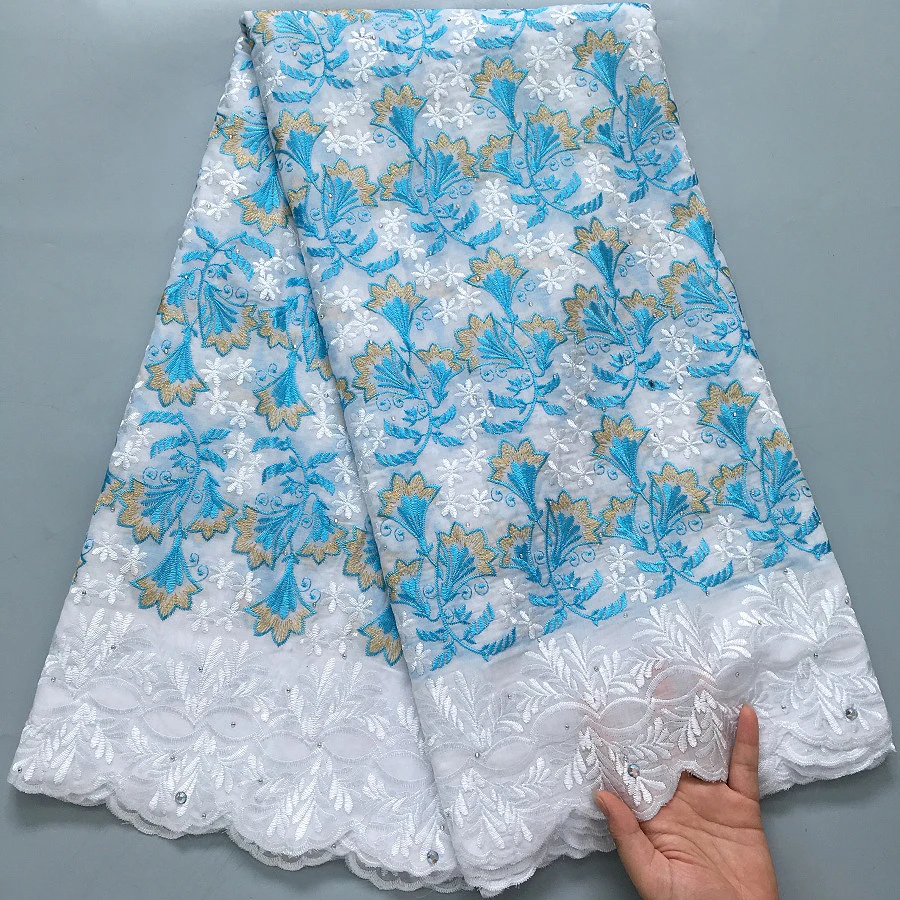 

​​Luxury 5Yards African Cotton Lace Fabric - Embroidered Swiss Voile With Stones For Wedding, Prom & Formal Dresses