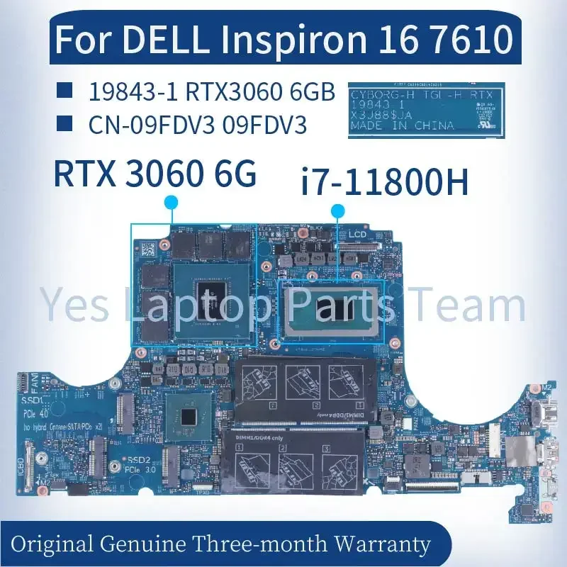 

Материнская плата для ноутбука DELL Inspiron 16 7610 19843-1 CN-09FDV3 09FDV3 9FDV3 GTX1660Ti RTX3060 DDR4 протестированная материнская плата для ноутбука