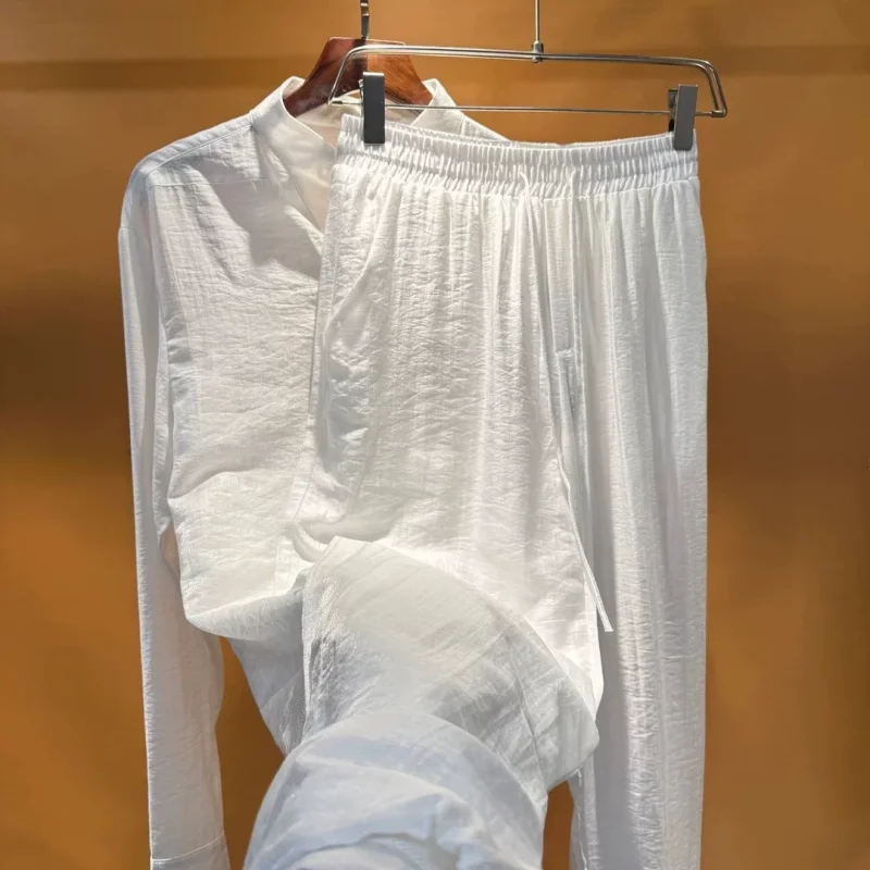 Men's Cotton Wide Leg Pants Solid Color Shirt Casual Fashion Set Old‑Money‑Style Stand‑Collar Long‑Sleeve Top Trousers