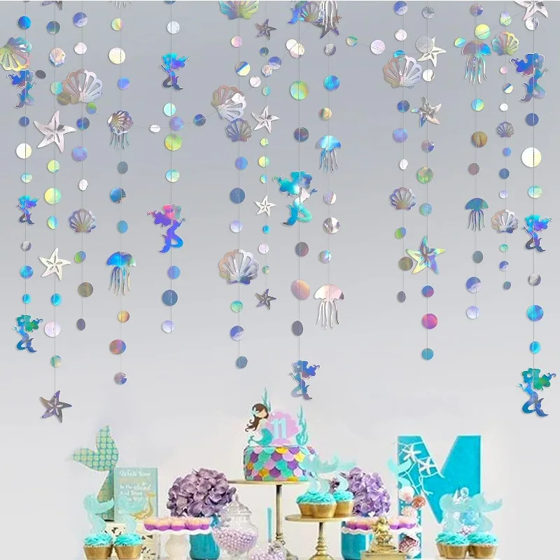 40 Ft Iridescent Mermaid Garland with Jellyfish Seashell Starfish Pearl Holographic Streamer for Under The Sea Party Decorations