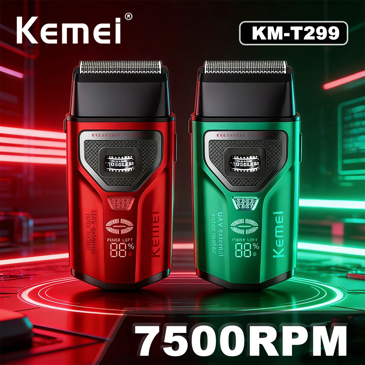 

Беспроводная машинка для стрижки бороды с внешним роторным бесщеточным двигателем, 7500 об/мин, двойная сетка, LED-дисплей, 1400 мАч, профессиональная бритва Kemei KM-T299