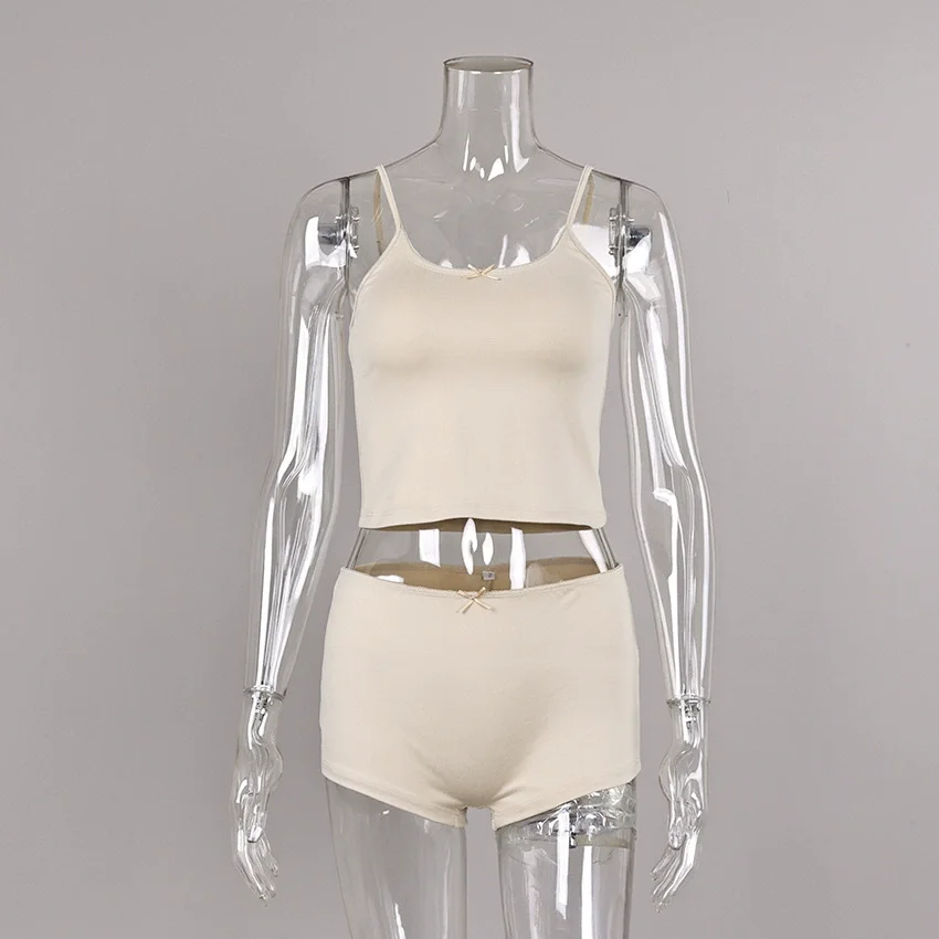 Women Spaghetti Strap Cami Shorts Pajama Set Silky Milk Silk Stretch Fabric Solid Color Slim Cropped Loungewear Sleepwear