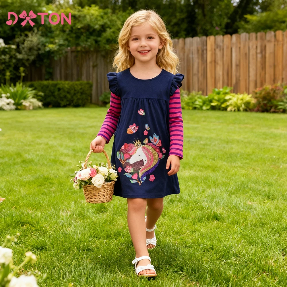 

DXTON Baby Girls Dress Autumn Children Long Sleeve Dress Striped Unicorn Butterfly Kids Cotton Dress Pocket Girls Casual Costume