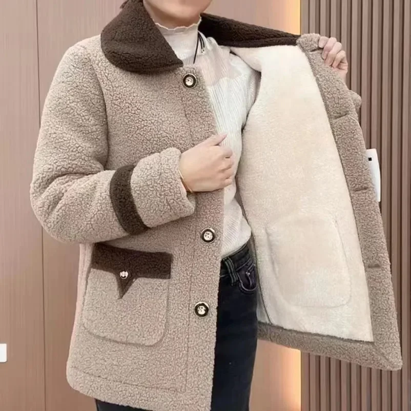 

2024 Autumn Winter New Splicing Imitation Lamb Fleece Jacket Women's Thicken Granular Fleece Coat Female Warm Cotton Overcoat