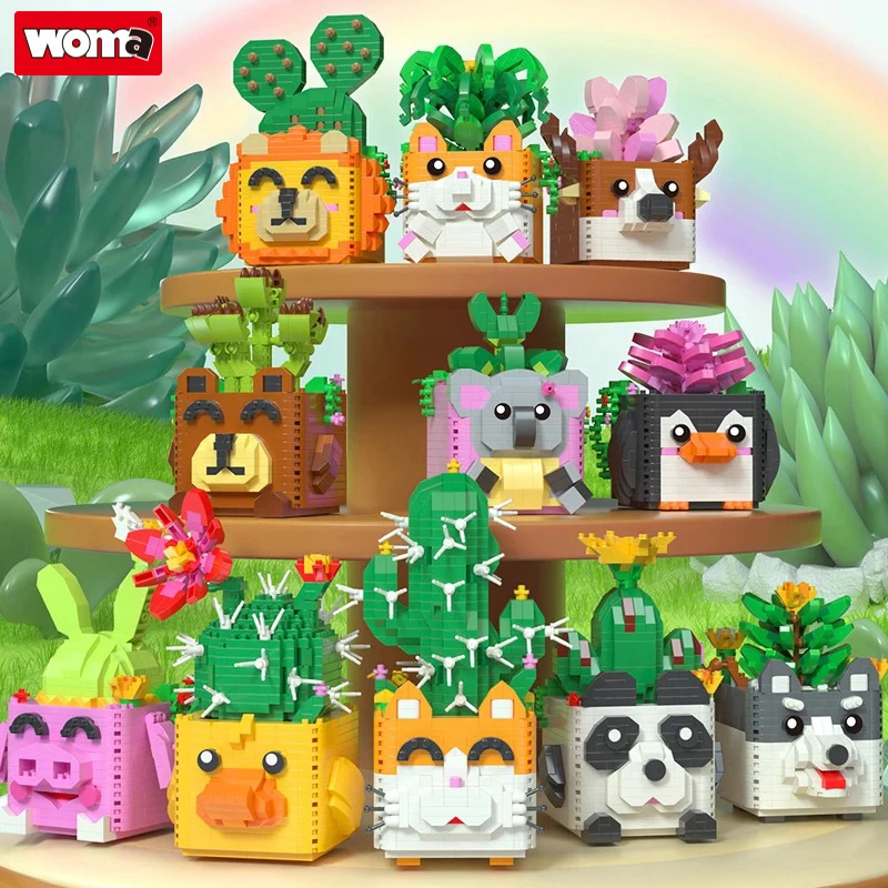 Woma Brand Potted Building Blocks Flower Cartoon Panda Erha Succulent Cactus Model Decoration DIY Children Educational Toy Gift