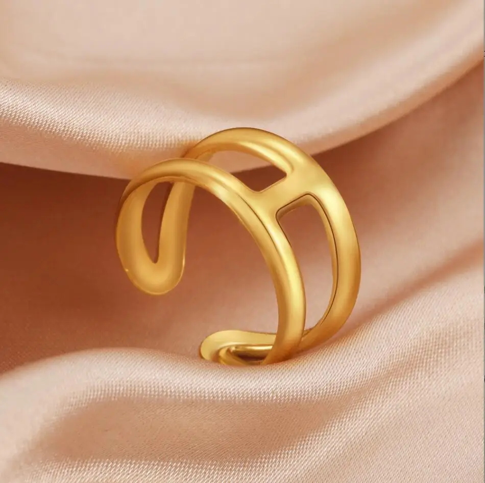 1PC Stainless Steel Prevent Allergy Opening Rings Minimalist Geometric Double-layer Line Party Jewelry Gift F1068