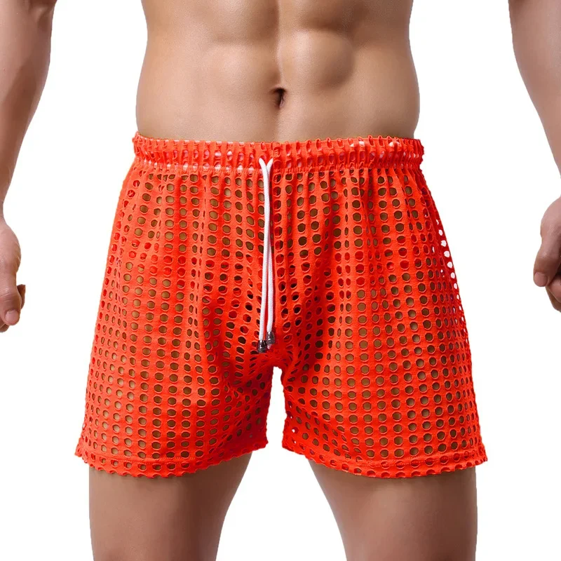 Sexy Men Casual Shorts Hollow Out Loose Breathable Panties Underwear Summer Board Shorts See Through Underpants Briefs 2XL