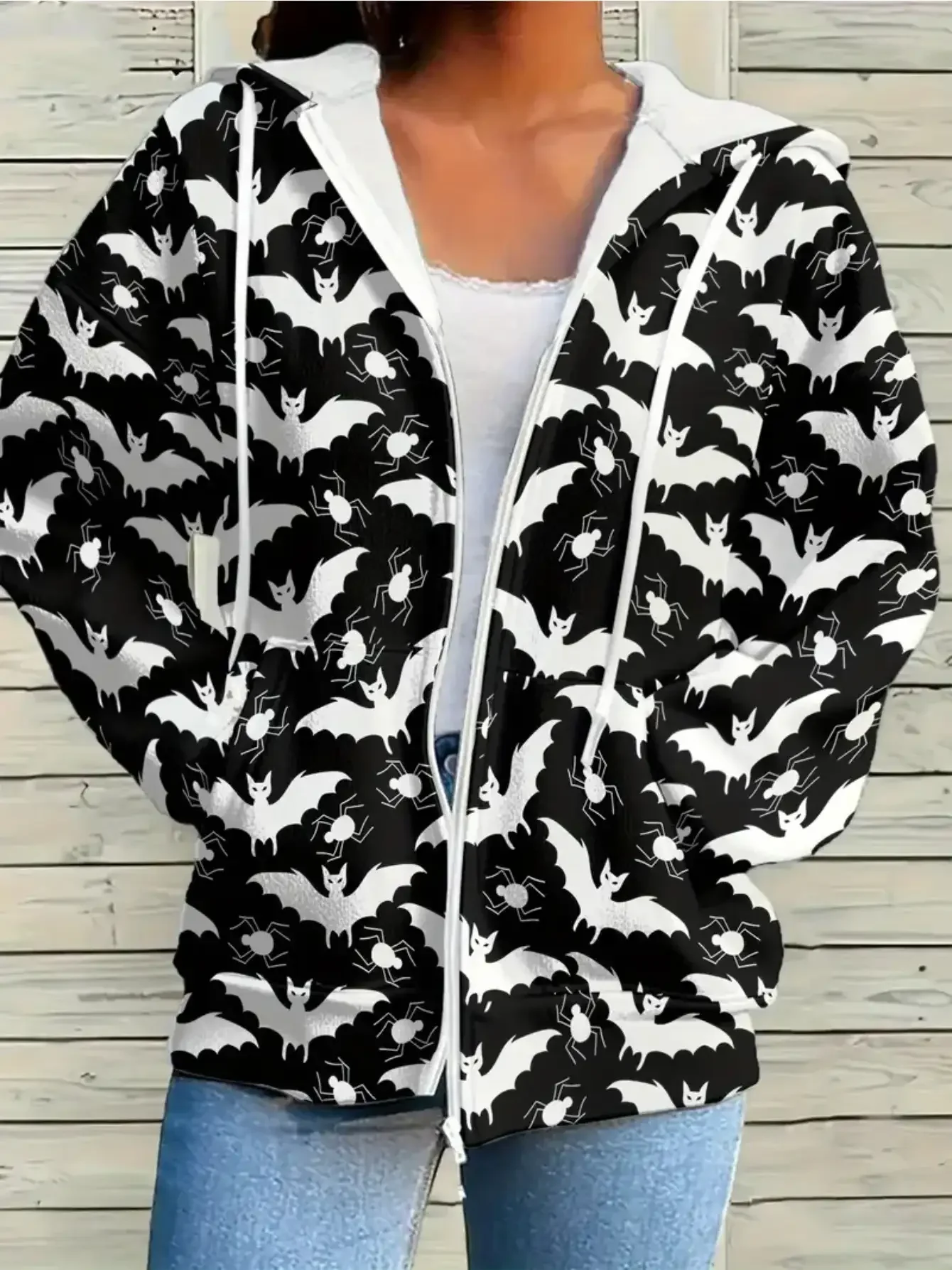 

2026 New Women's 3D Printed Zipper Hoodie - Retro H-Line Full Zipper Hoodie with Pocket, White bat pattern print