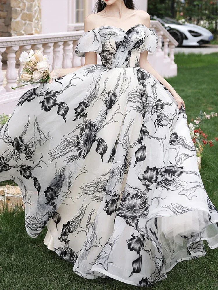 Customized French Fresh Slash Neck Puff Sleeve Vestidos Fashion Temperament Ink Print Ceremonial Robe Bow With Sashes Cascading