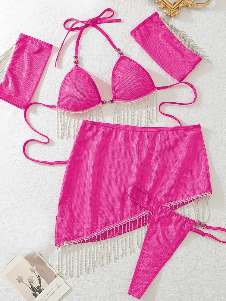 Lingeries Sexy Hot Fancy Rhinestone Tassels Women Suit Kiss Heart Wrist Straps Skirt Neon 5-Piece Biniki Bandage Set