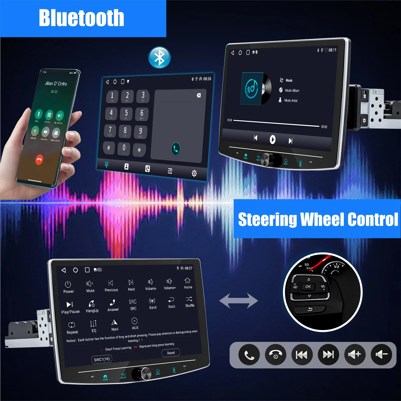 ESSGOO 10.1 "1 DIN شاشة تعمل باللمس العالمي اللاسلكي carplay أندرويد السيارات راديو ستيريو للسيارة 64G أندرويد 14 GPS NAVI SWC BT MIC WIFI