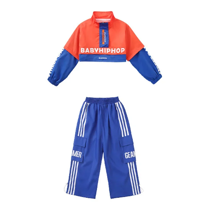 Vêtements Kpop Hip Hop pour enfants, haut court Orange, Streetwear Cargo Jogger, pantalon bleu pour filles et garçons, Costume de danse Jazz