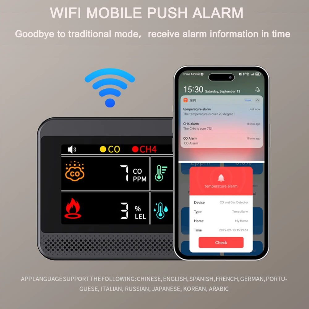 Tuya WiFi 4-in-1 Carbon Monoxide Detectors/ Natural Gas Leak Detector /Temperature & Humidity for Home Real-Time Gas Detector