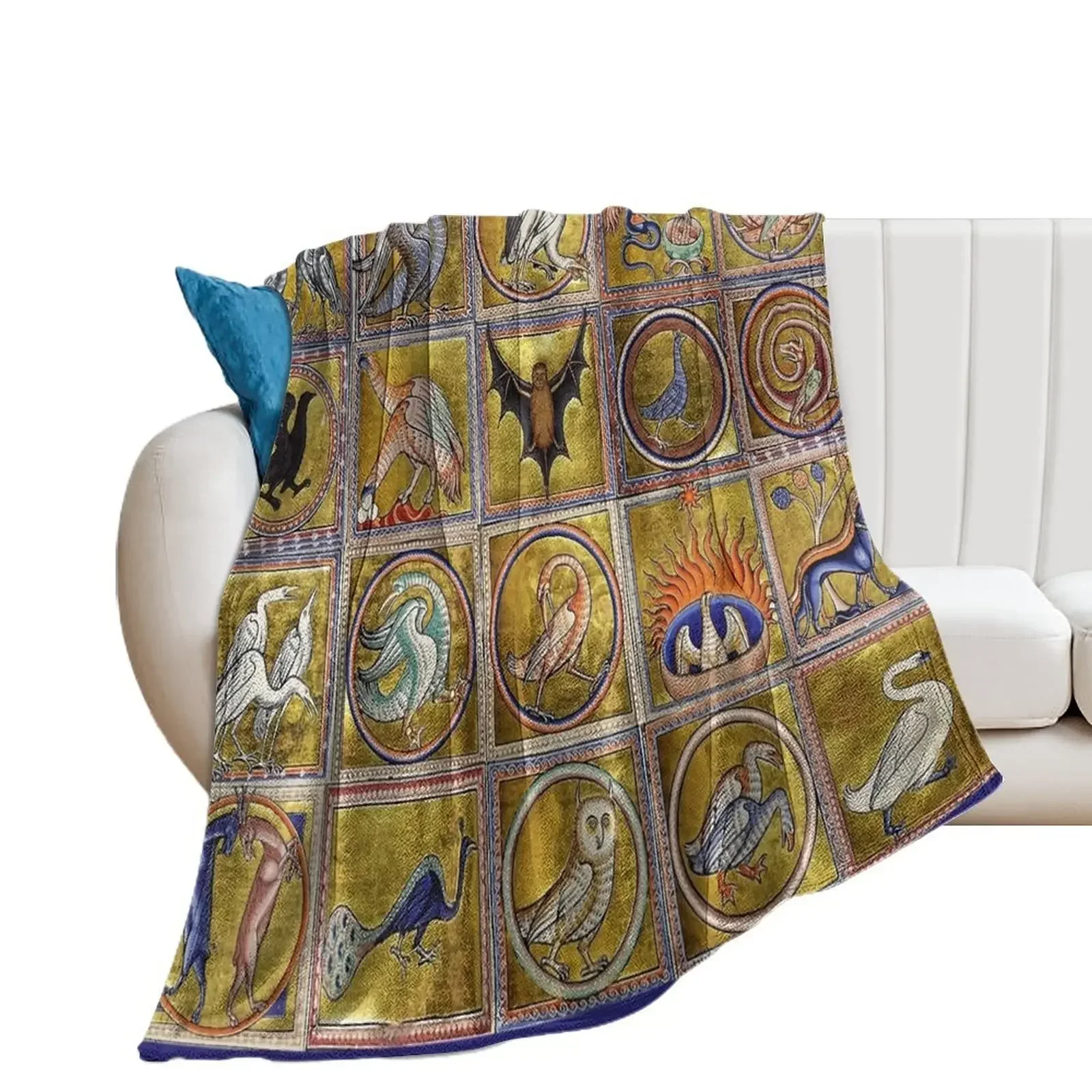 MEDIEVAL BESTIARY, FANTASTIC ANIMALS IN GOLD RED BLUE COLORS Throw Blanket Sofas bed plaid Bed covers Blankets