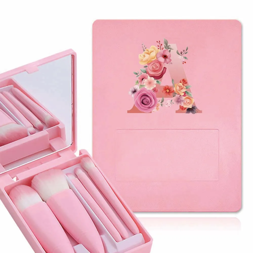 5pcs Portable Makeup Brush Set Square Cosmetic Brushes Storage Case With Mirror Soft And Fluffy Beauty Tools Pink Rose Pattern