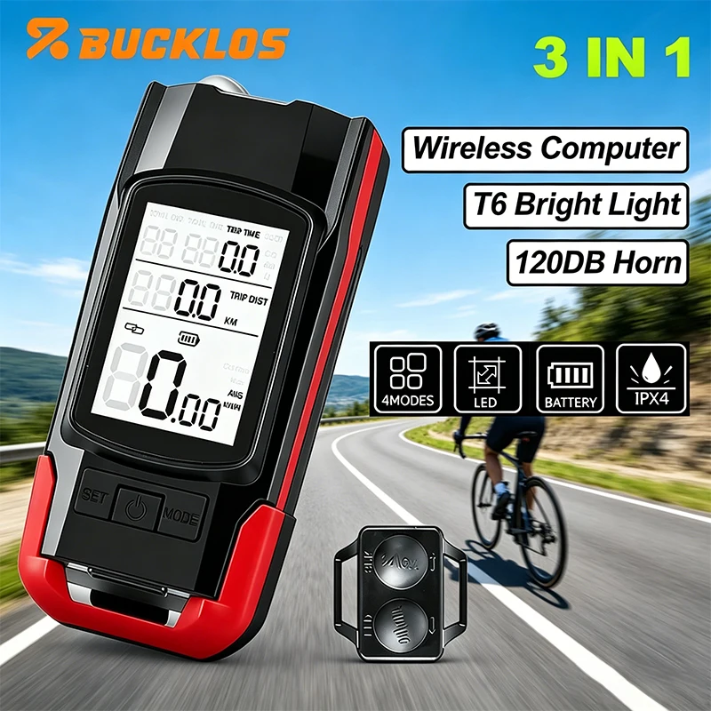 

BUCKLOS Cycling Bike Light with 120DB Loud Horn Waterproof Bike Front Light Multifunctional Bicycle Speedometer Cycling Lighting