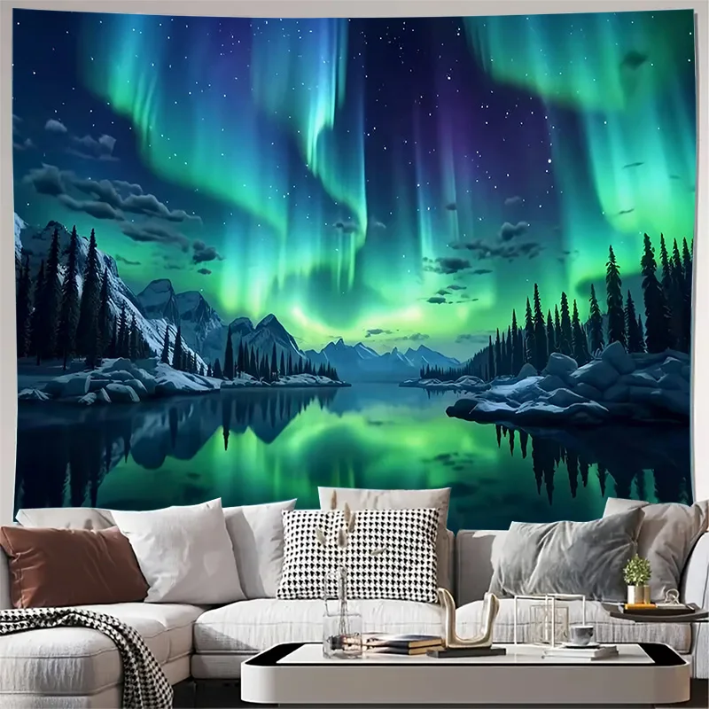 Northern Lights Aurora Sky Mountain Lake Landscape Wall Tapestry Machine Washable All Season Print Nature Scenery Design Home