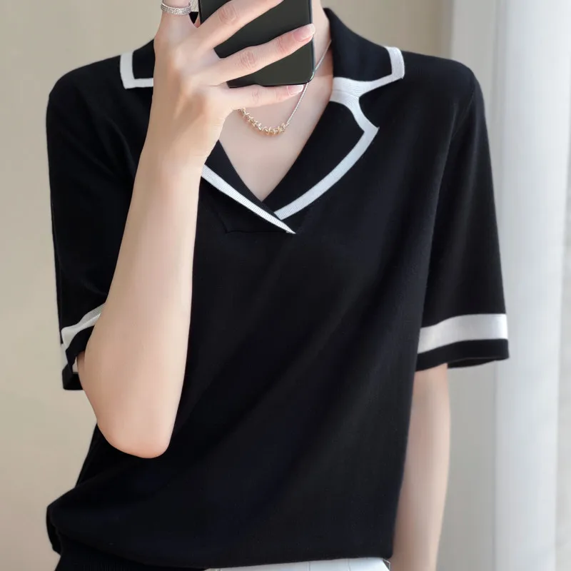 Summer Black Suit Collar Shirt Women's Fashion Short-Sleeve Retro Stitching Knitted Thin Casual Bottoming Top European Trend