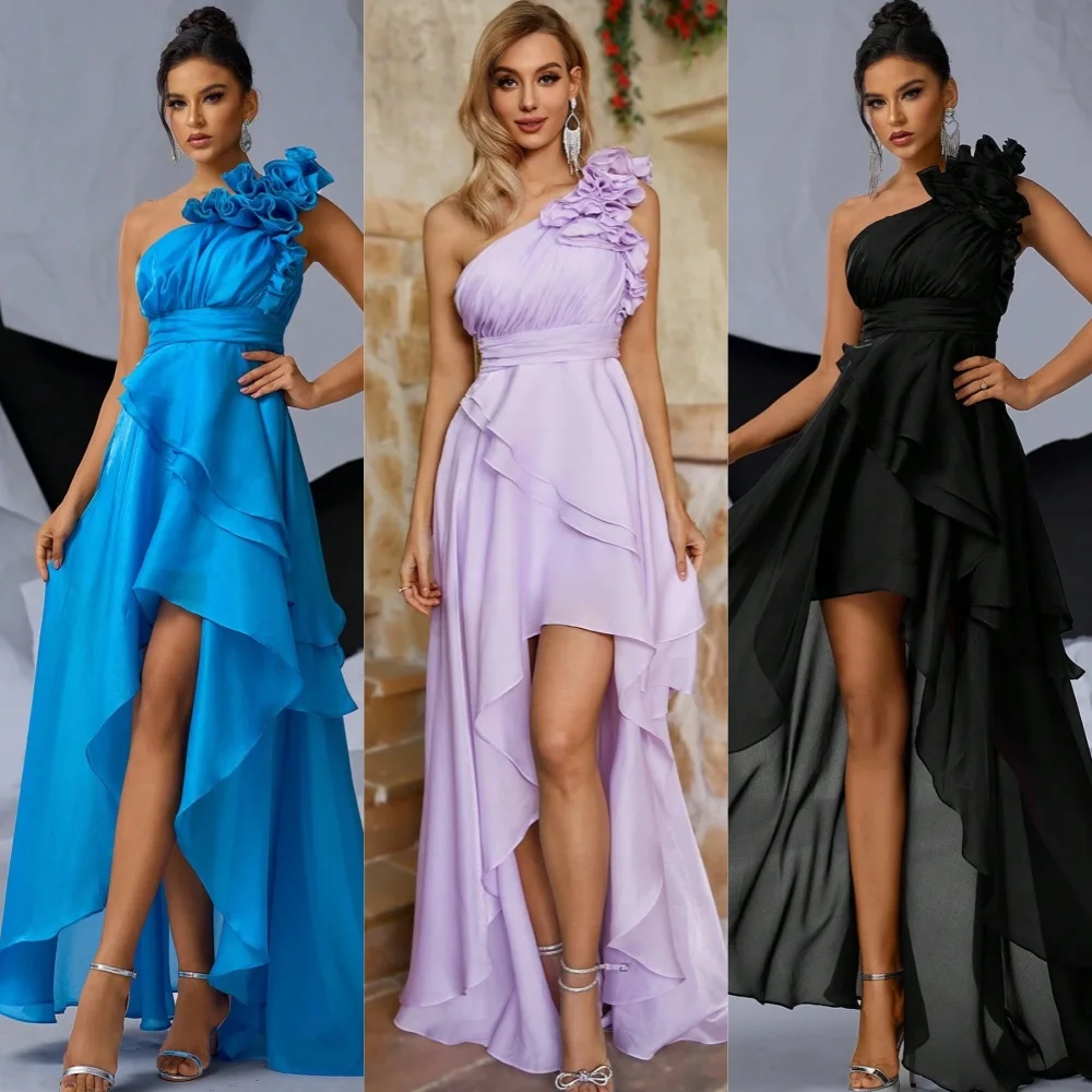 

Customized Formal Chiffon Pleat A-line One-shoulder Hi-Lo Dresses Cocktail Dresses Classic Exquisite Modern Style Pastrol Chine