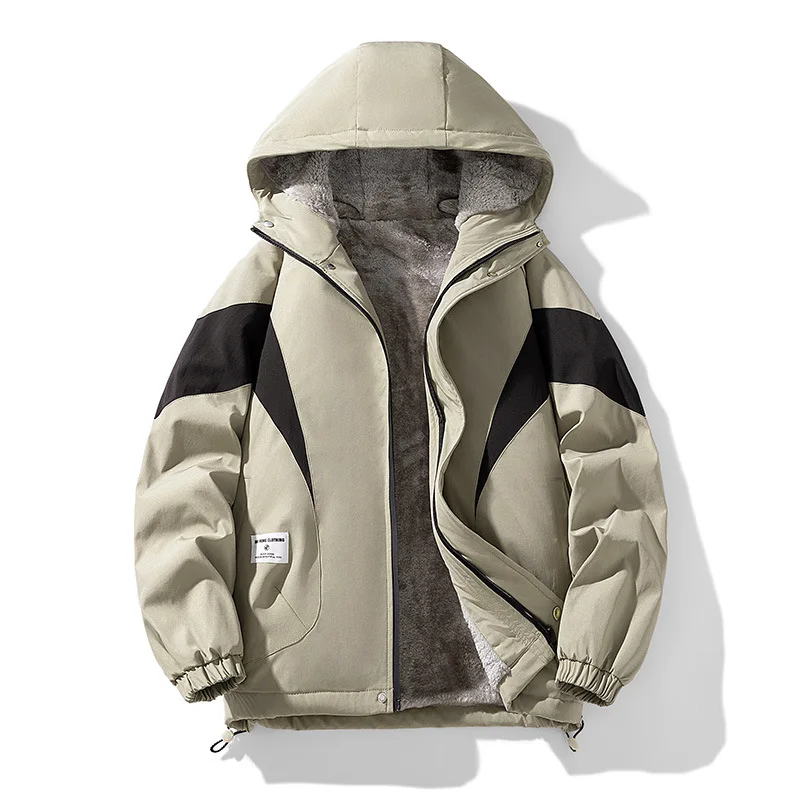 2024 New Winter Plush Thick Jacket for Men's Fashion, Versatile, Loose, Windproof, Warm, Contrast Color Casual Hooded Jacket