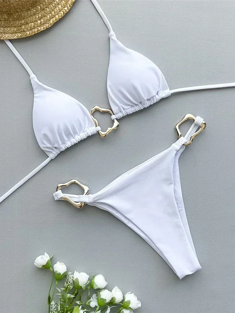 Costume da bagno sexy da donna con coulisse nera, triangolo, micro bikini, perizoma, anello in metallo, mini costume da bagno con lacci