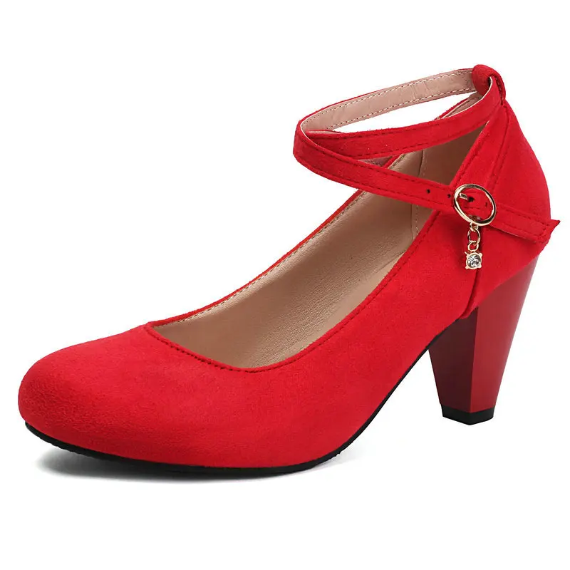 Velour Velvet Closed Toe Black Red Ankle Cross-strap Thick Chunky High Heels Big Size 42 43 Lovely Sweet Pumps Mary Janes Shoes