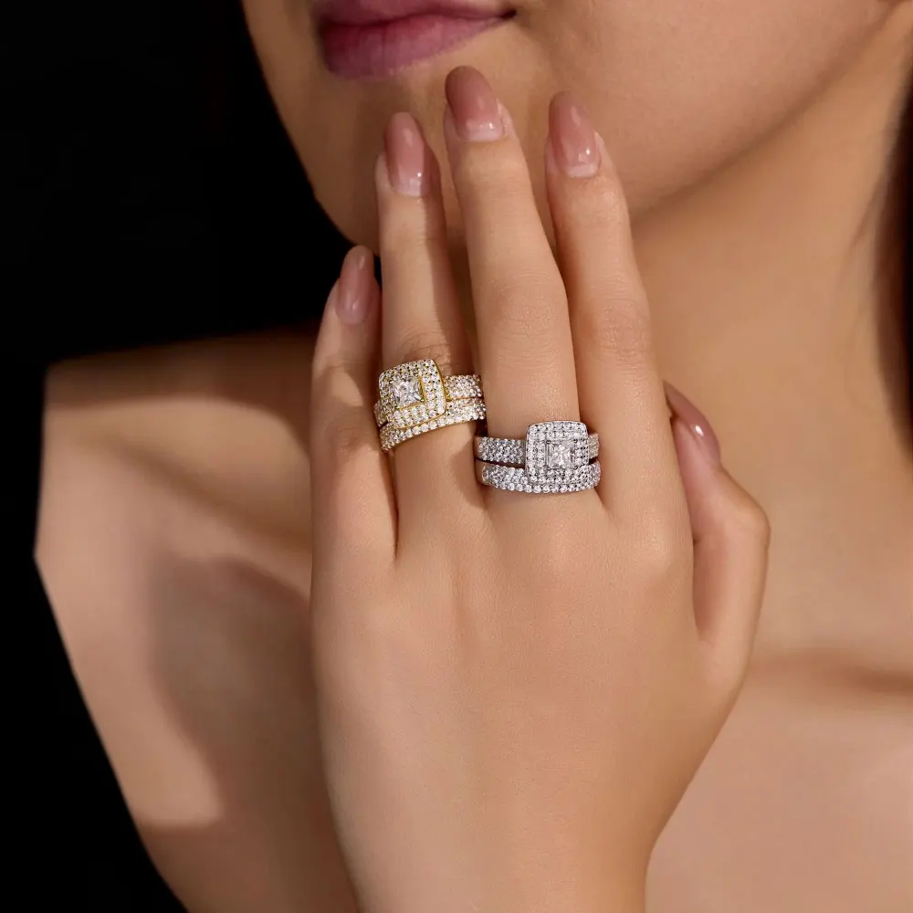 Luxury 925 Sterling Silver Inlaid Moissanite Two-Piece Ring Set, charming Princess Cut Romantic Wedding Ring, Super Shiny Jewelry Engagement Gift for Anniversary Parties, Daily Wear