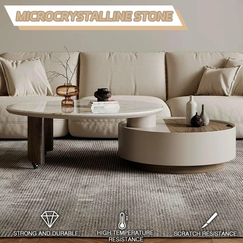 Rotatable round coffee table Living room home creative tea table Italian multi-functional storage rock slab coffee table