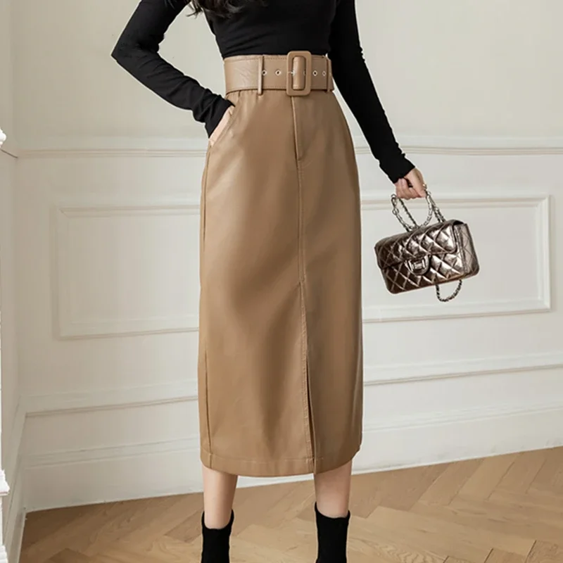 Seoulish Autumn Winter PU Faxu Leather Women's Mi-long Wrap Skirts with Belted High Waist Front Split Sheath Pencil Skirt Female