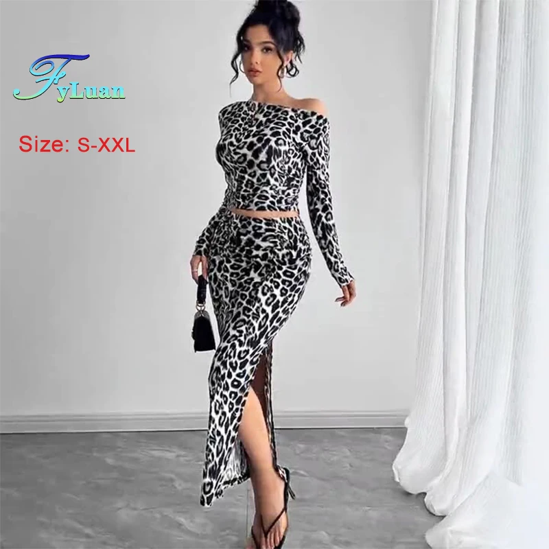 

Женские комплекты с длинной юбкой в европейском стиле, сексуальный леопардовый принт, длинный рукав, диагональный вырез, короткий топ и тонкая длинная юбка, комплект из двух предметов