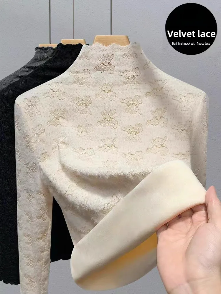 

Женская теплая базовая кофта с высоким воротником и кружевной подкладкой, модный облегающий топ в корейском стиле для осени и зимы
