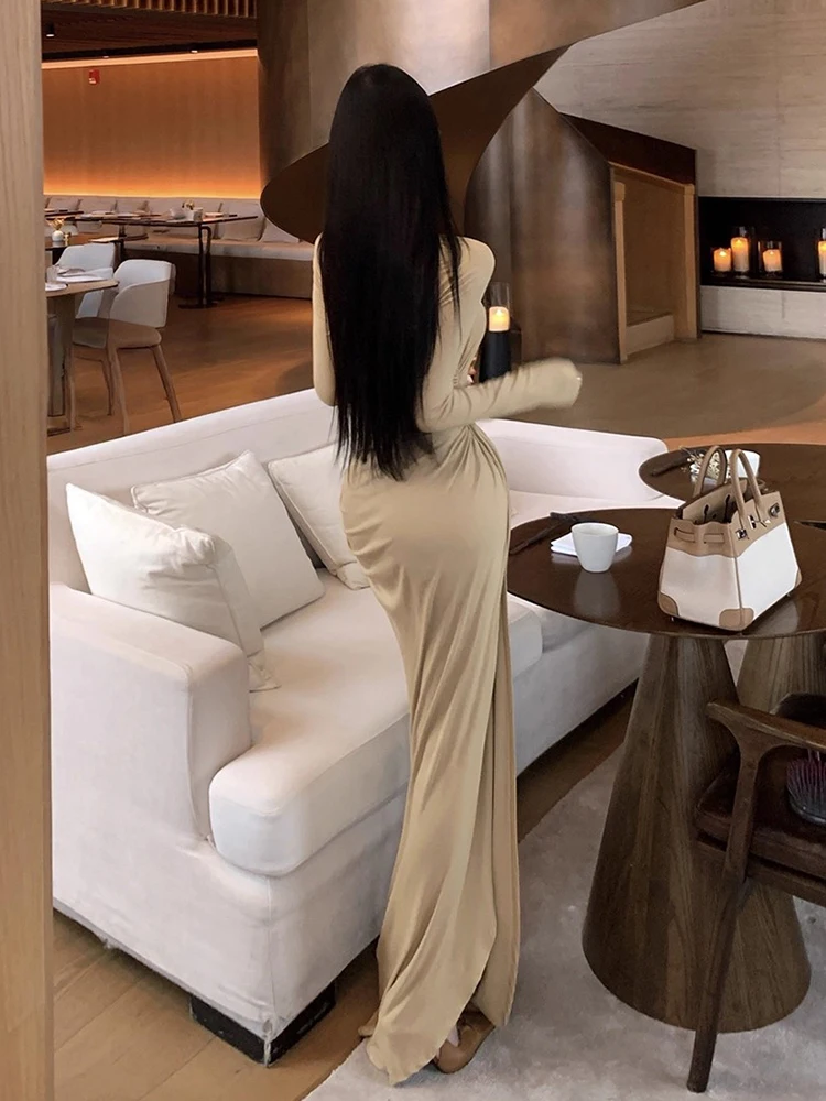 REDDACHiC Abito aderente ritagliato da donna Casual tinta unita maniche lunghe lusinghiero abito maxi diviso increspato Abiti autunnali piuttosto eleganti