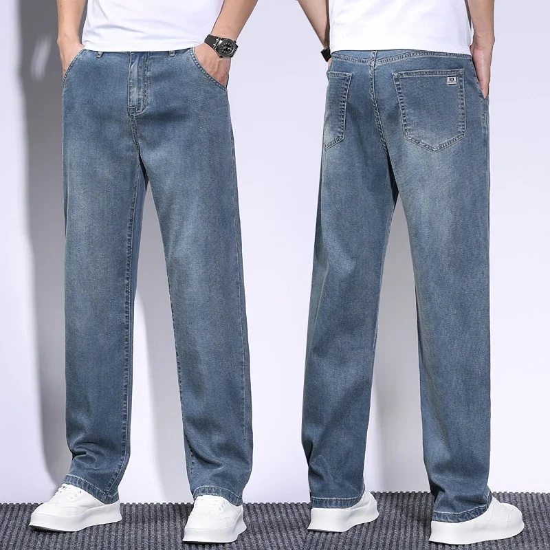 Soft Men's Lyocell Baggy Jeans Thin Summer Breathable Straight Pants Vintage Business Casual Fashion Korea Male Denim Trousers