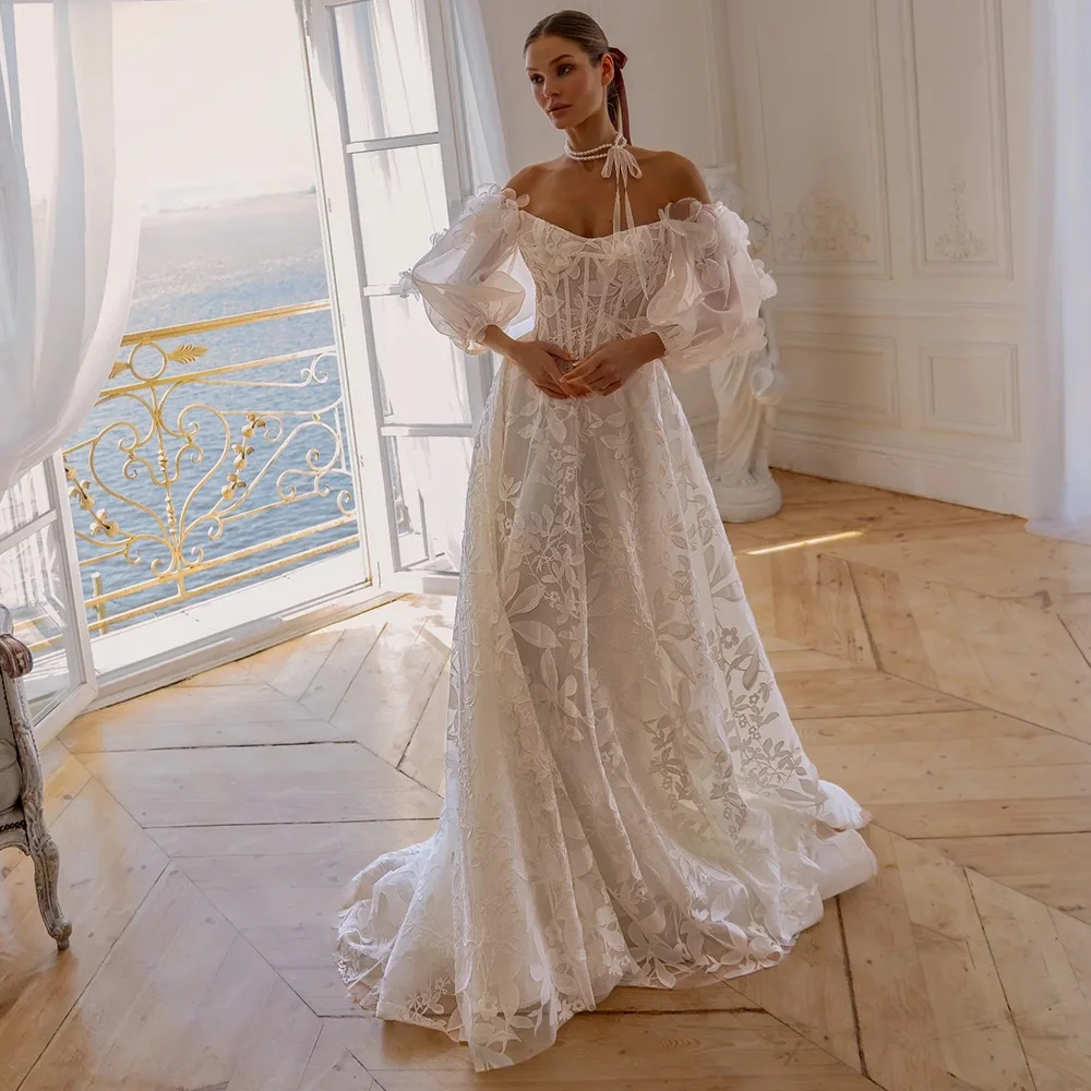 Splendido abito da sposa con spalle scoperte per la sposa Abito da sposa sexy senza spalline in tulle di pizzo con applicazioni Vestido De Novia personalizzato