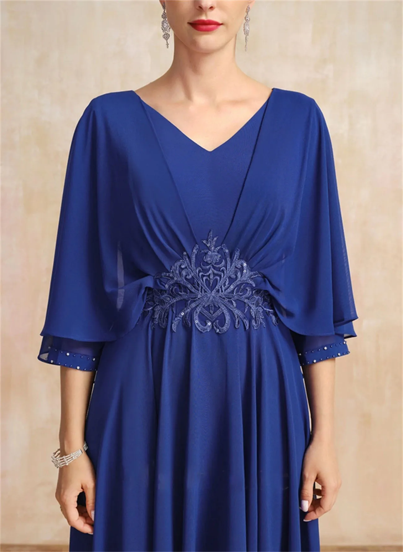 The Bride'S Mother Dress V-Neck Cropped Sleeves Lace Belt Appliqué Diamond-Mounted Elegant Royal Blue Chiffon Fabric Evening New