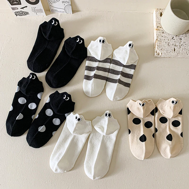 5 Pairs Women Socks Spring Summer Autumn Cotton Solid Striped Dots Novelty Female Cute Eyes Embroidery Casual Funny Ankle Socks