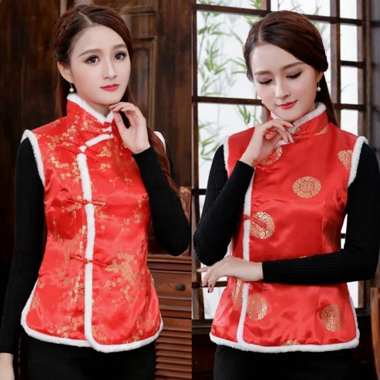 New Year Women Chinese Style Qipao Tang Suit Thicken Velvet Vest Traditional Evening Party Wedding Cheongsam Retro Satin Vest