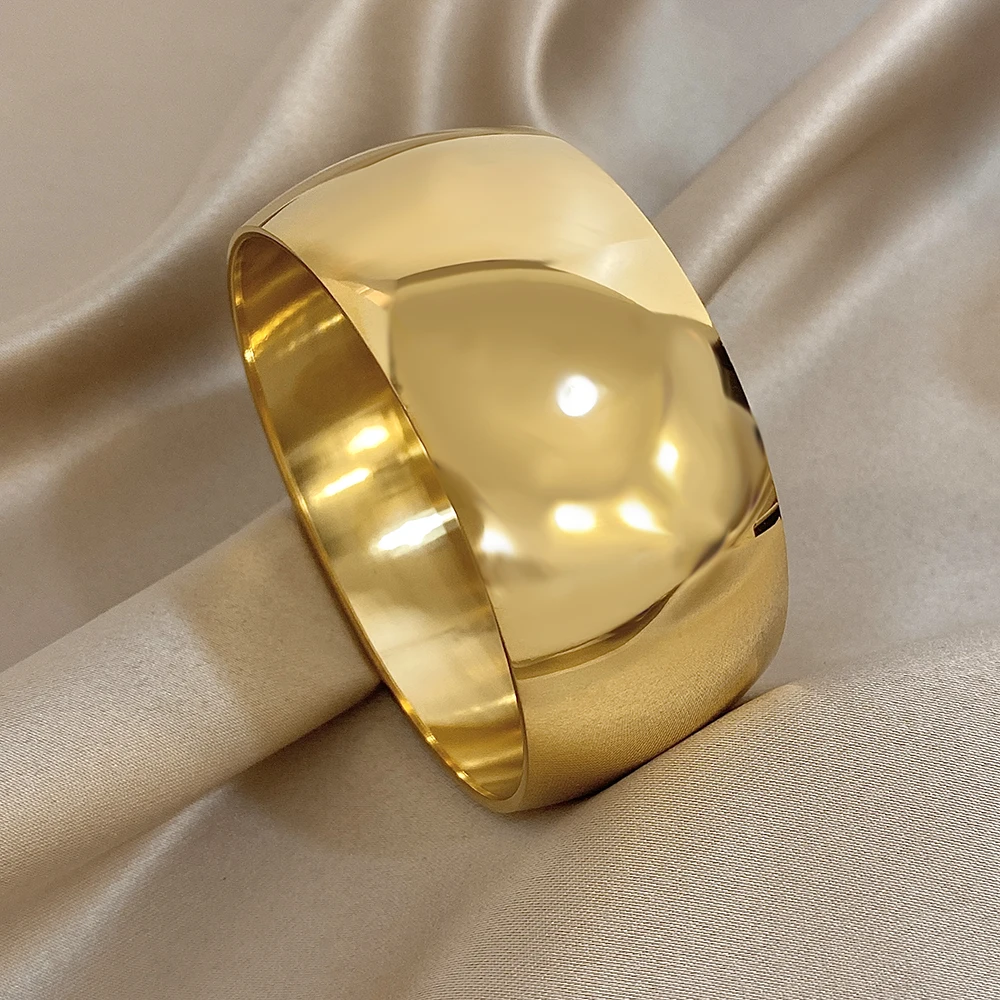 Glossy Gold Plated Stainless Steel Bracelet for Women Men Fashion 10 15 30mm Size Chunky Smooth Cuff Bangles Waterproof Jewelry