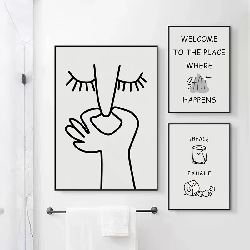 Abstract Humour Bad Smell Funny Bathroom Poster Black and White Prints Canvas Painting, Wall Art Pictures, WC Toilet Room Decor