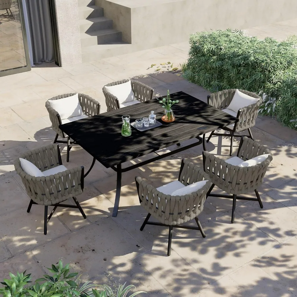 patio 7-Piece Outdoor Dining Set for 6, Wicker Chairs & 1 Bent Legs Rectangular Dining Faux Woodgrain Table with Umbrella Hole