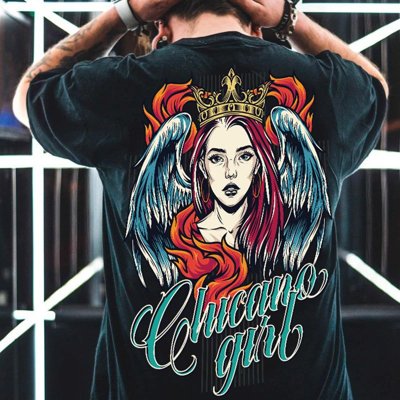 Camiseta de manga corta para hombre, estilo gangster de la costa oeste, de algodón grueso, talla grande, con estampado de tatuaje de chica tatuada Amei Kaki.