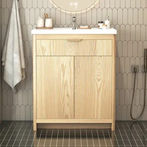 31" Modern Bathroom Vanity with Ceramic Sink, Wood Grain Storage Cabinet, Freestanding Bathroom Sink Vanity Set