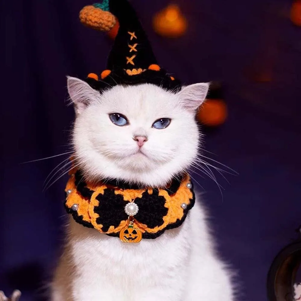 

Washable Breathable Halloween Pets Costumes Clothes Ghost Halloween Cat Headgear Cartoon Hollow Cat Woven Hat Bib Festival Party