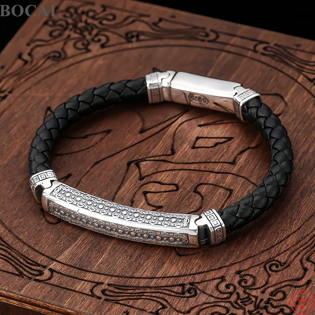 BOCAI New S925 Sterling Silver Charms Bangle for Men Women Antique Peaceful Pattern Woven Leather Bracelet Fine Choice Jewelry