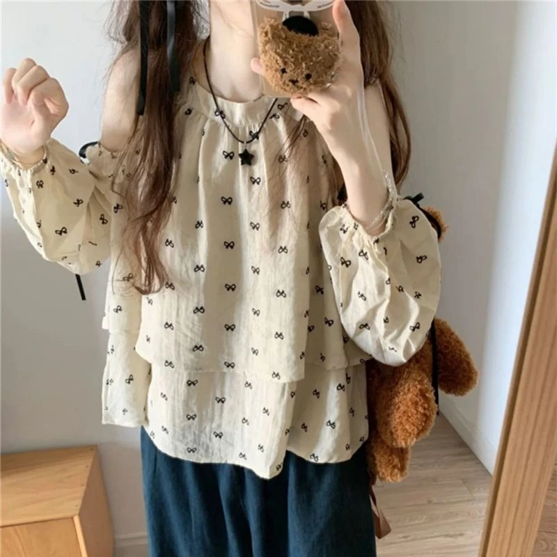 

Bowknot Printed Off-shoulder Fake Two-piece Shirt New Loose Babydoll Tops Women