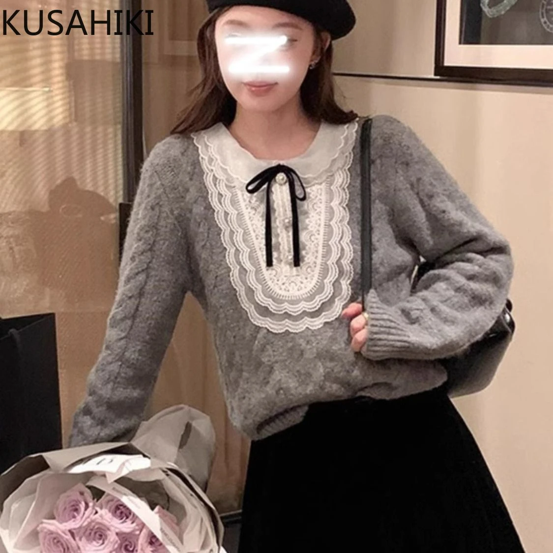 KUSAHIKI Fashion Bowknot Pullover Twisted Sweater Women Autumn Winter Korean Girls Knitted Tops 2024 New Knitwear Sueter Mujer