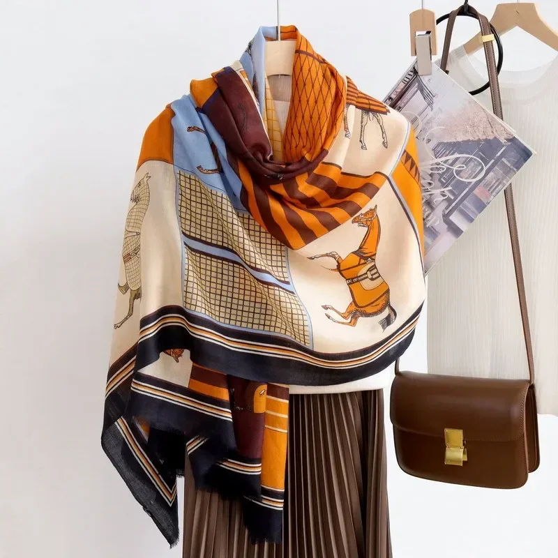 High-end Elegant Women Exquisite Vintage Steed Plaid Print Quality Water Soluble Wool Handcrafted Fringe Warm Long Scarf Shawl