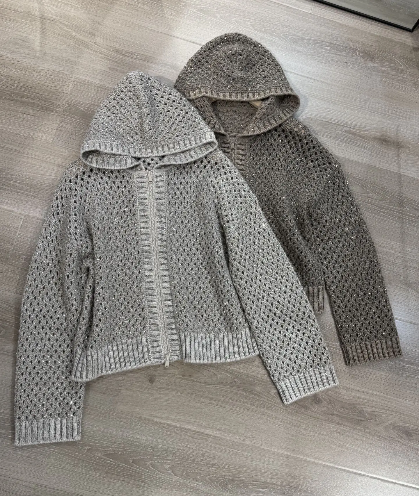 25 초가을 새로운 중공 후드 스팽글 지퍼 캐시미어 니트 카디건 세련되고 다양한 캐주얼 재킷